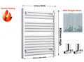 Towel radiator with dimensions and valve illustration on a white background