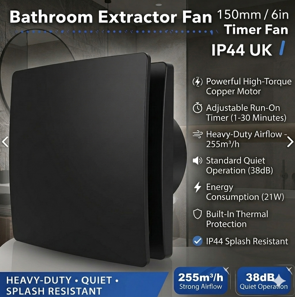 Bathroom extractor fan with features listed on a gray background