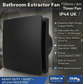 Bathroom extractor fan with features listed on a gray background