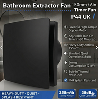 6-Inch Silent Black Bathroom Extractor Fan with Humidity Sensor & Timer (255m³/h)