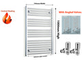 Towel radiator with dimensions and angled valves on a white background