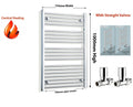 Towel radiator with dimensions and valve details on a white background