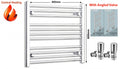 Towel radiator with dimensions and angled valve illustration on a white background