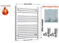 Towel radiator with dimensions and angled valves on a white background