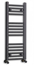 Black heated towel rail radiator shown with angled valves