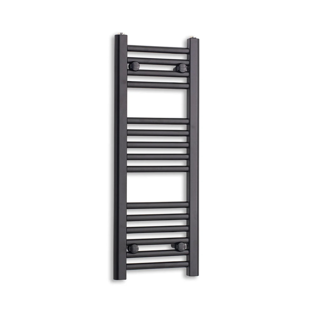 Matt black heated towel rail radiator on a white background — radiator body reference; electric kit images pending