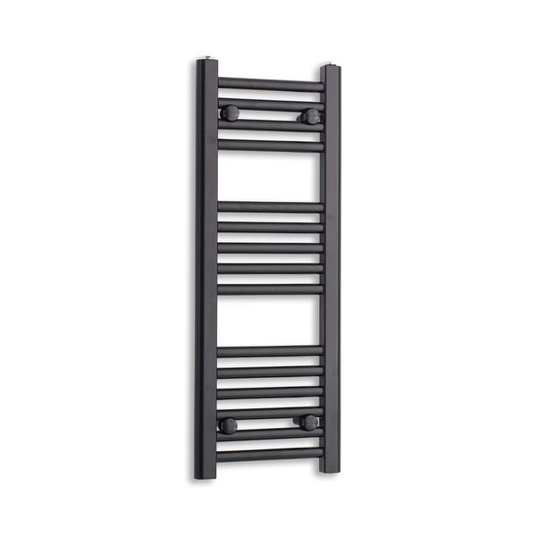 250mm wide x 800mm high matt black heated towel rail radiator on a white background
