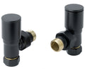 Pair of matt black angled radiator valves on a white background