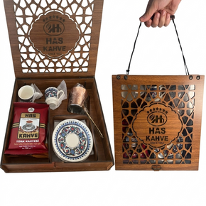 Turkish Coffee Gift Set for Two in Wooden Gift Box 200gr Coffee & coffee Pot