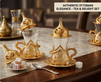 Luxury Turkish Tea Glass Set Zamak Holder & Delight Bowl – Gold Tone Ottoman UK
