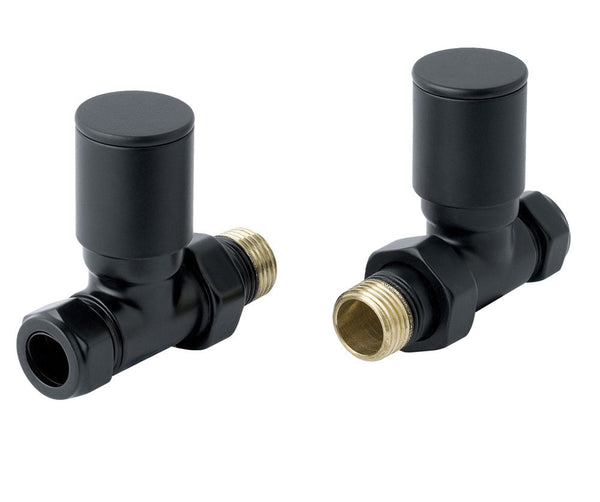Pair of matt black radiator valves on a white background