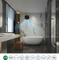 Modern bathroom with freestanding bathtub and shower area. 