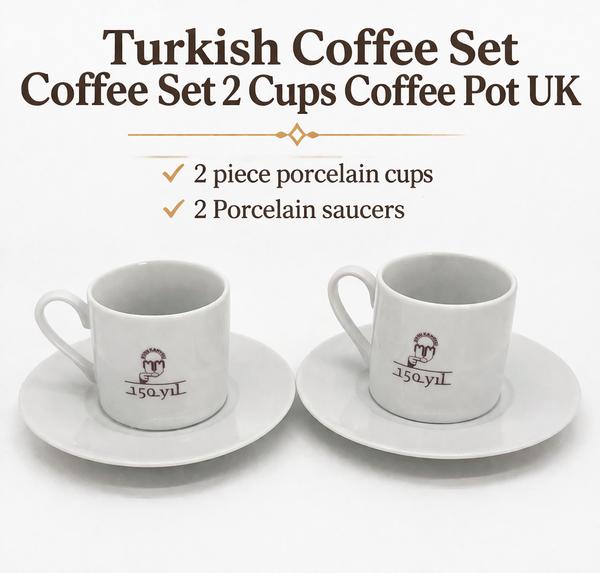 Turkish coffee set with two cups and saucers.