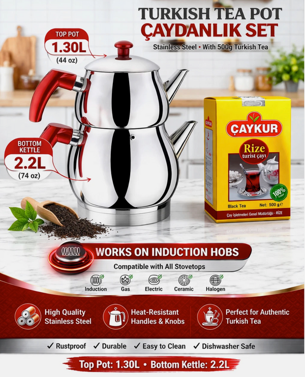 Turkish tea pot set with Caykur tea packaging on a kitchen counter.
