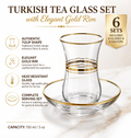 Turkish tea glass set with gold rim featuring product details.