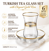 Turkish Tea Cups and Saucers Set 12 Piece Tea Glasses Set With Gold Rim