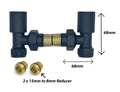 Pump pressure switch with brass components and measurements on a white background