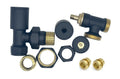Set of black and brass plumbing components on a white background