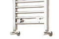 Chrome towel radiator shown with angled valves.
