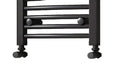 Lower section of a black towel radiator fitted with angled valves