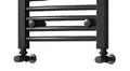 Black heated towel radiator with angled valve connection.