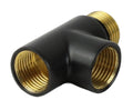 Black and brass plumbing fitting on a white background