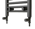 Lower section of a black towel radiator fitted with straight valves