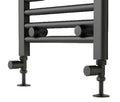 Black heated towel radiator with straight valve connection.