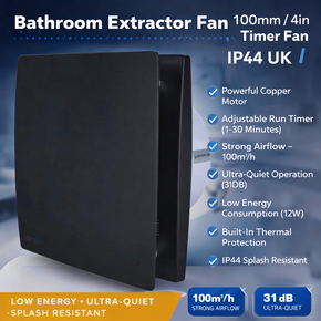 Bathroom extractor fan with features listed on a blue gradient background