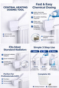 Central heating dosing tool with features and usage instructions on a white background