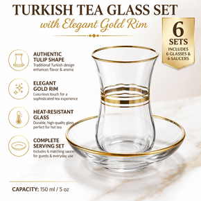 Turkish Tea Cups and Saucers Set 12 Piece Tea Glasses Set With Gold Rim