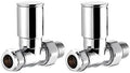 A pair of chrome-plated straight towel rail radiator valves with reduction fittings.