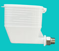 White plastic fitting with a brass connector on a teal background