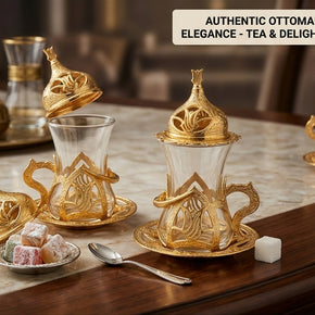 Luxury Turkish Tea Glass Set Zamak Holder & Delight Bowl – Gold Tone Ottoman UK