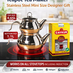 Turkish Caydanlik teapot tea maker with a box of Caykur tea on a stove.