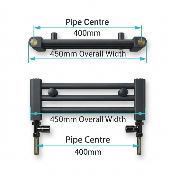 Measurement diagram showing 450mm towel radiator width and 400mm pipe centres