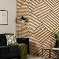 Oak acoustic wood slat panels on living room wall