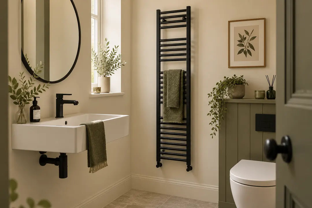 Slim black towel radiator beside a basin in a compact cloakroom