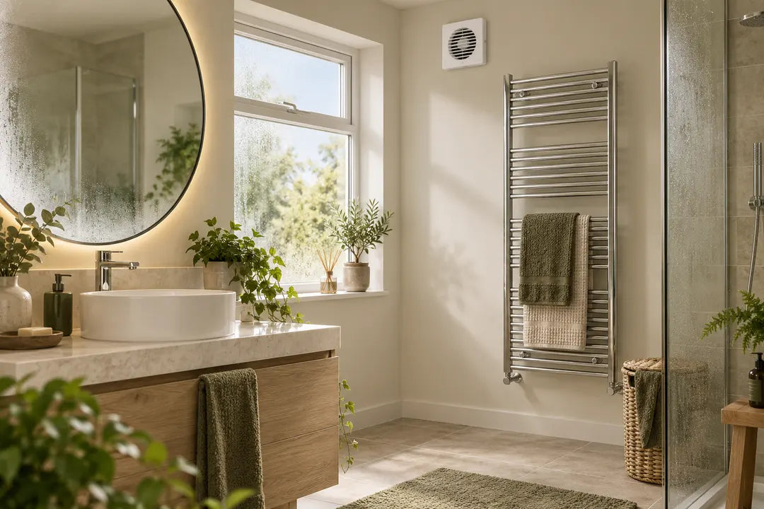 Illustrative bathroom with a window and wall-mounted towel radiator.