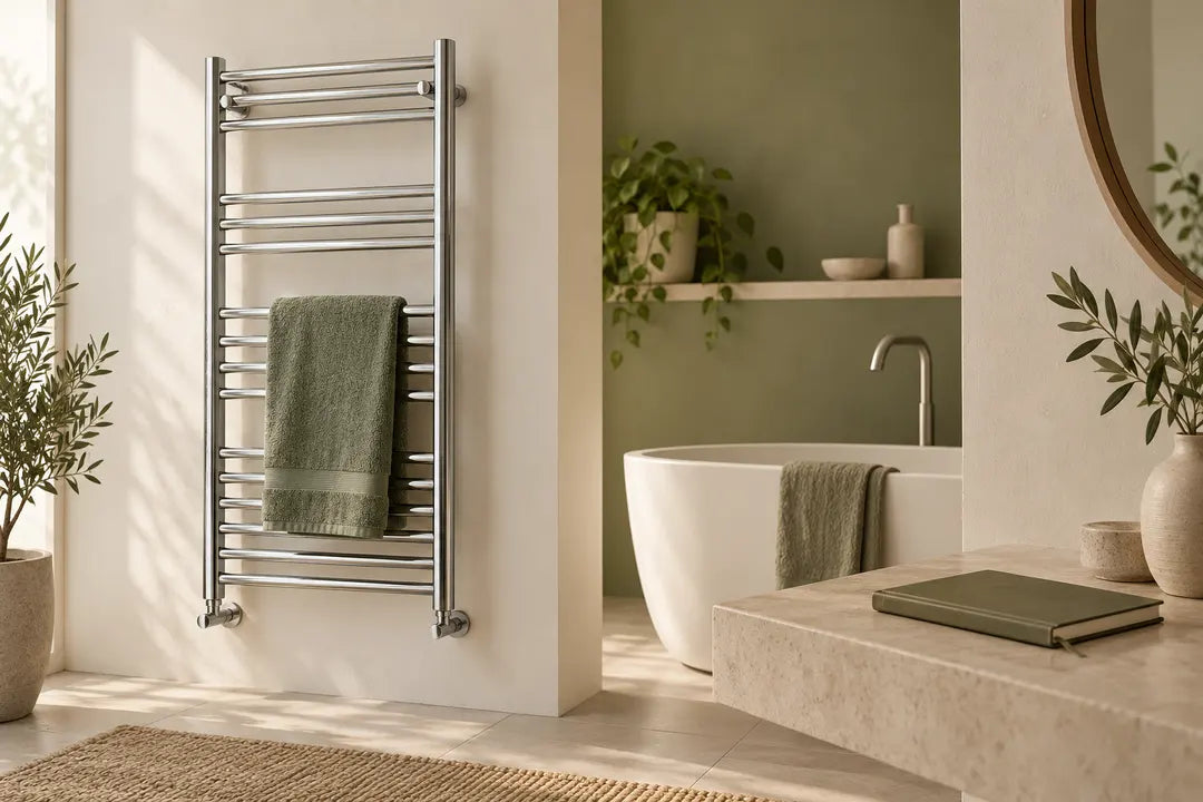 Bathroom with a towel radiator, illustrating planning for bathroom electrical equipment