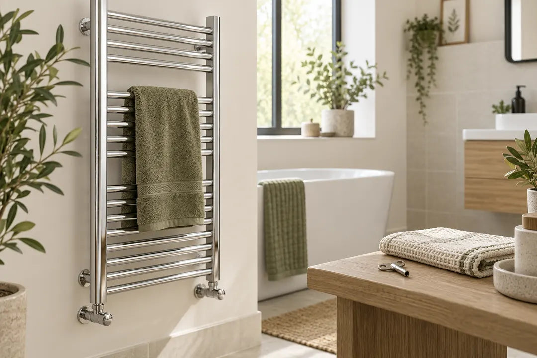 Chrome towel radiator with a soft cloth and bleed key for radiator maintenance