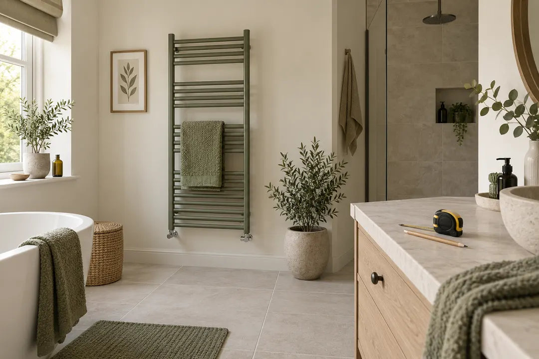 Illustrative bathroom layout with a wall-mounted towel radiator.