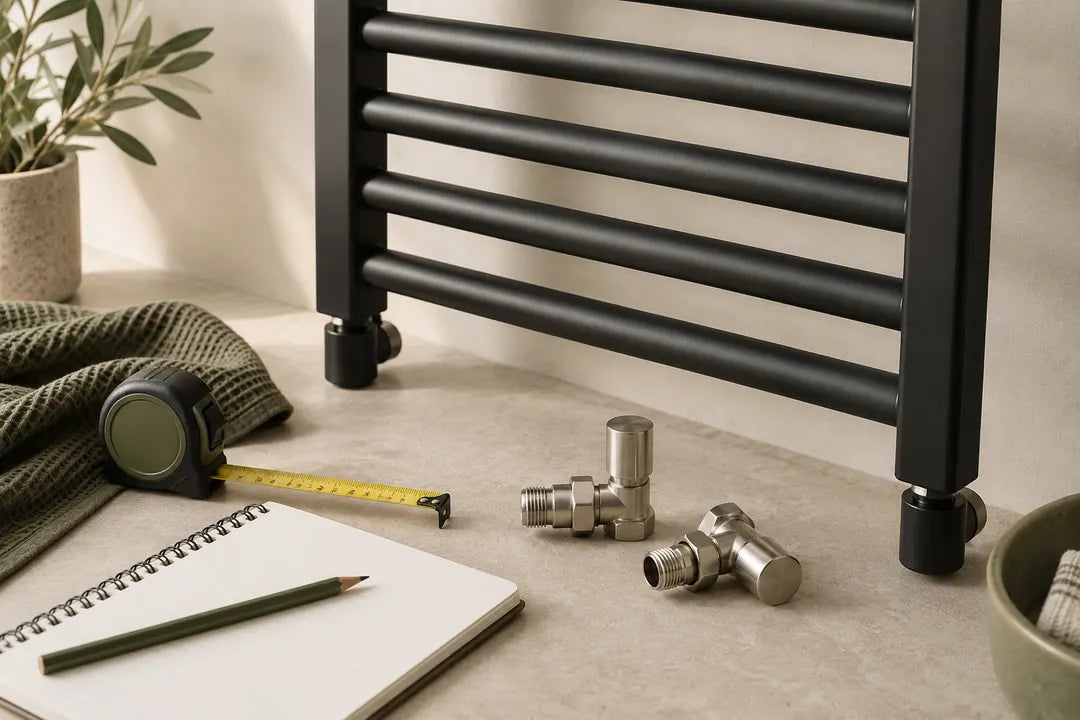 Black towel radiator finish, fittings and measuring tape, illustrating product specification checks